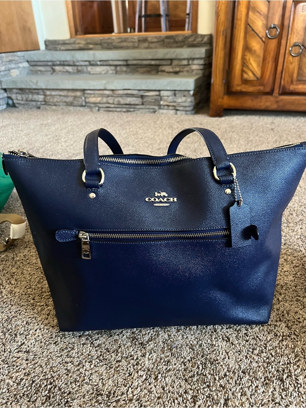 Coach Navy Leather Tote with Silver Hardware
